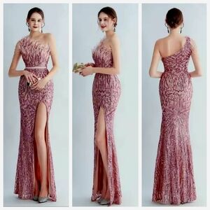 Lotus Pink, Assymmetrical Beaded, Ostrich Feathers, Geo Print, Sequined Gown